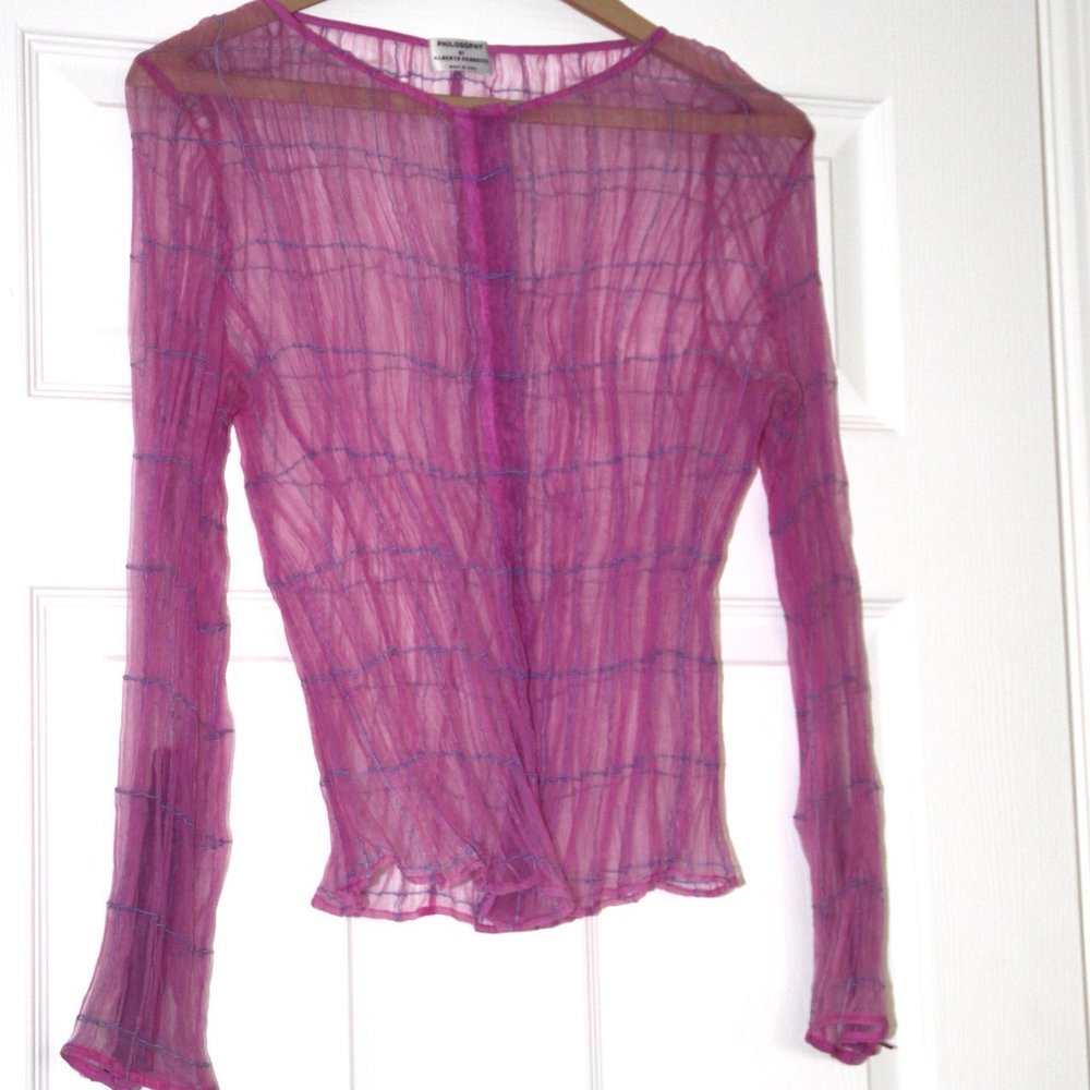 Philosophy di Alberta Ferretti Pink Crinkle Sheer Top Blouse Zippers Italy VTG